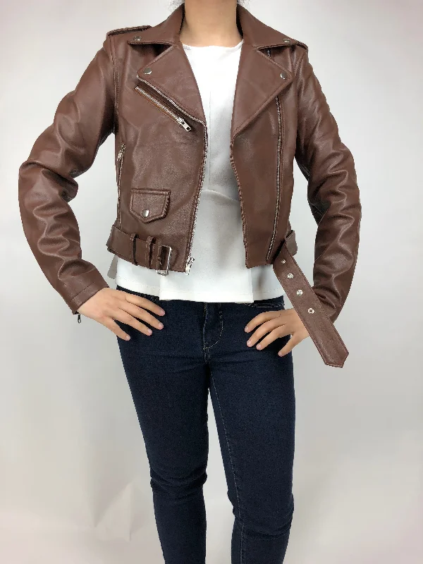 Women's cropped satin jackets in pastel shades for a glamorous evening outWomen's Classic Biker Brown [Slim Fit]