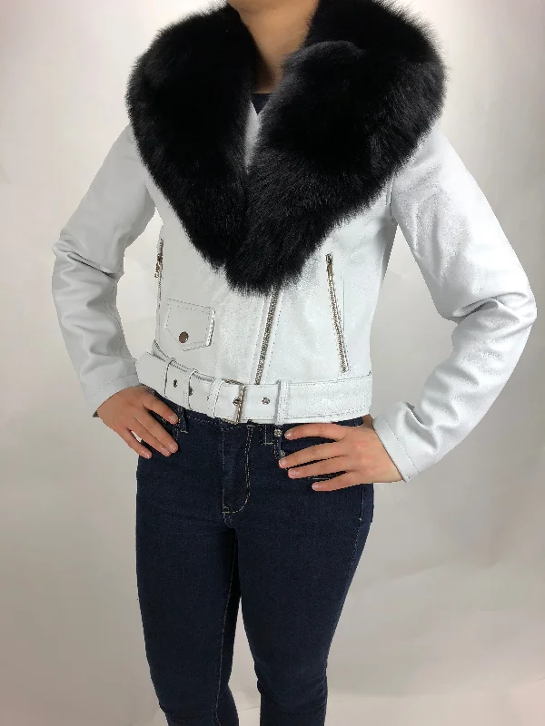 Women's faux fur - trimmed denim jackets for a trendy and cozy styleWomen's Classic Biker White With Fox Collar [ SLIM FIT ]
