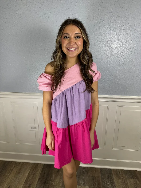 Empire Waist Women Dress to Accentuate the Bust and Conceal the WaistPink multi asymmetrical neck line dress Empire Waist Women Dress to Accentuate the Bust and Conceal the WaistPink multi asymmetrical neck line dress