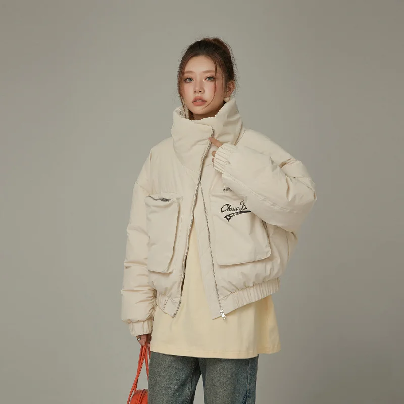 Women's bomber jackets with a holographic finish for a futuristic and eye - catching lookBig Pocket High Neck Sporty Jacket Women's bomber jackets with a holographic finish for a futuristic and eye - catching lookBig Pocket High Neck Sporty Jacket