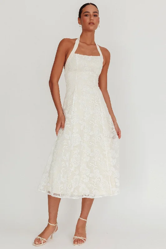 Shift Women Dress with a Simple and Classic Design for Everyday WearElliott A-Line Halter Neck Midi Dress White Shift Women Dress with a Simple and Classic Design for Everyday WearElliott A-Line Halter Neck Midi Dress White