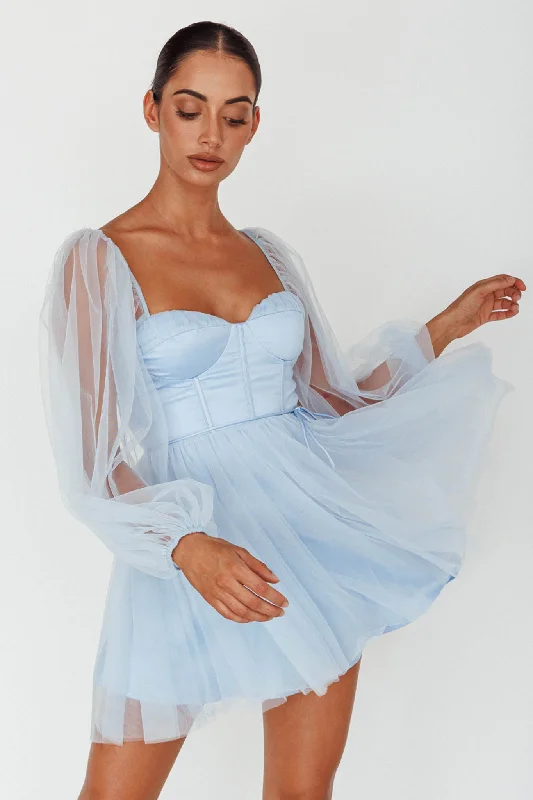 Ruffled Women Dress with Multiple Layers for a Playful and Girly StyleFairytale Dream Sheer Sleeve Mini Dress Blue Ruffled Women Dress with Multiple Layers for a Playful and Girly StyleFairytale Dream Sheer Sleeve Mini Dress Blue