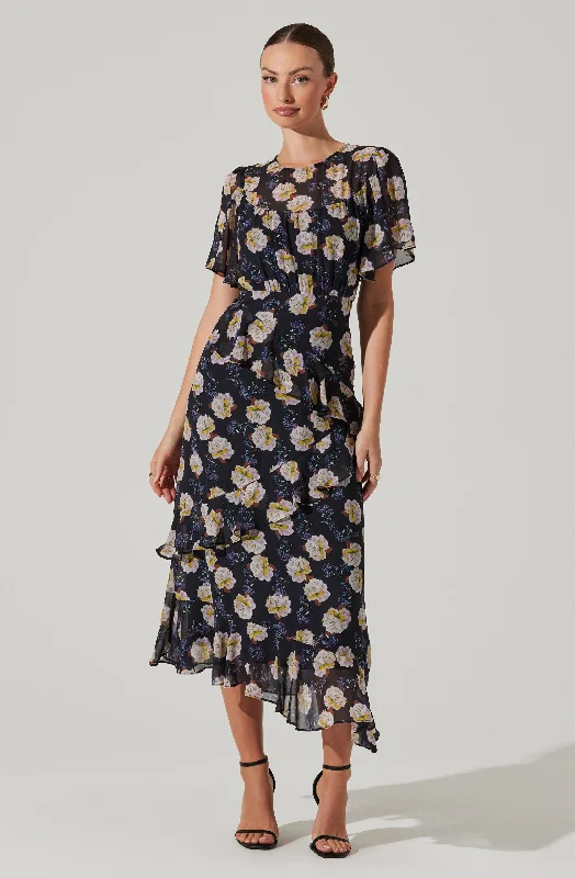 Ruffled Women Dress with Multiple Layers for a Playful and Girly StyleFloramae Floral Midi Dress Ruffled Women Dress with Multiple Layers for a Playful and Girly StyleFloramae Floral Midi Dress