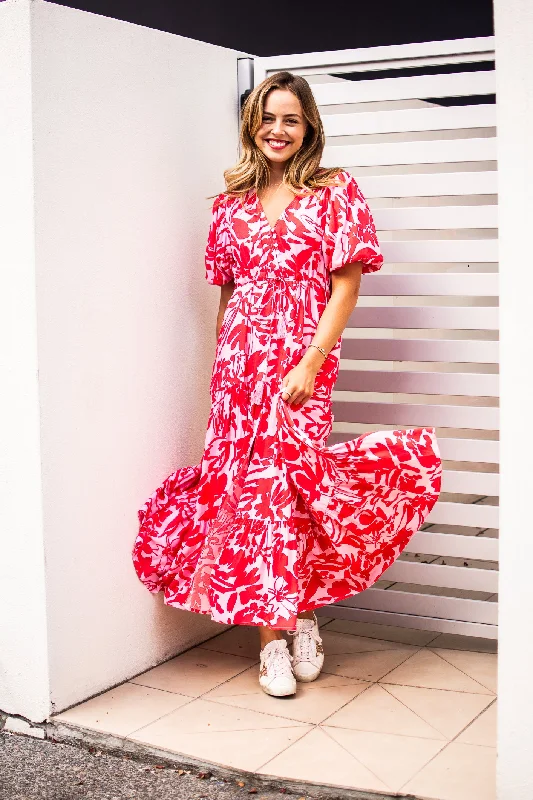 Ruffled Women Dress with Multiple Layers for a Playful and Girly StyleFria Tabitha Balloon Sleeve Maxi Dress Red Pink Ruffled Women Dress with Multiple Layers for a Playful and Girly StyleFria Tabitha Balloon Sleeve Maxi Dress Red Pink