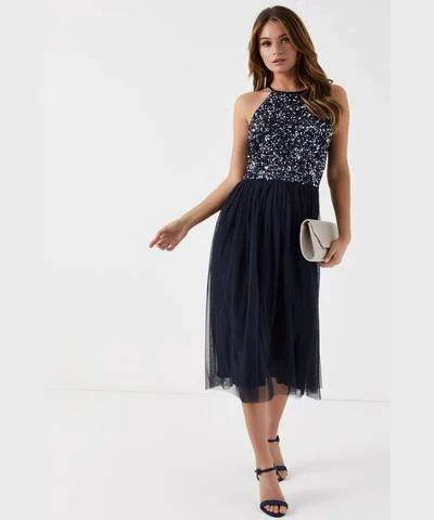 Sheath Women Dress with a Tailored Fit for a Professional LookHalter Midi Neck Dress Navy Sheath Women Dress with a Tailored Fit for a Professional LookHalter Midi Neck Dress Navy