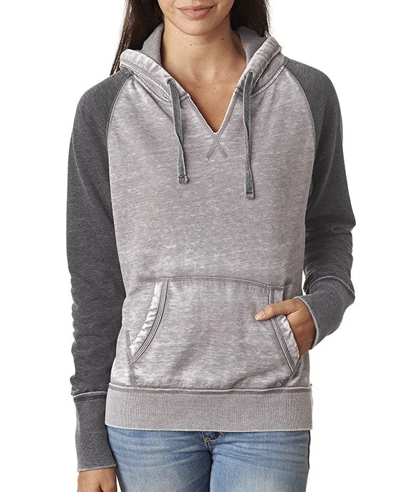 Women's hoodie with a kangaroo pocket and a pom - pom drawstring for added charmJA8926 - J America Ladies Zen Contrast Pullover Hooded Sweatshirt | Cement/Dark Smoke Women's hoodie with a kangaroo pocket and a pom - pom drawstring for added charmJA8926 - J America Ladies Zen Contrast Pullover Hooded Sweatshirt | Cement/Dark Smoke