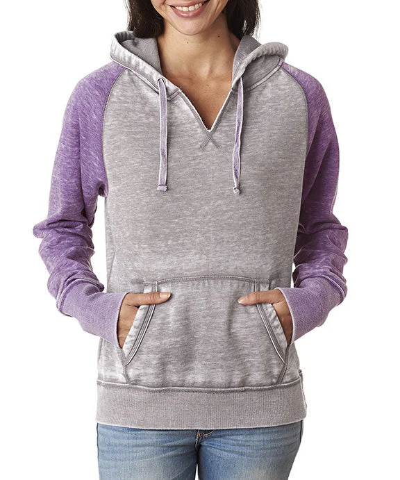 Women's quarter - zip sweatshirt made of organic cotton for eco - conscious fashionJA8926 - J America Ladies Zen Contrast Pullover Hooded Sweatshirt | Cement/Very Berry Women's quarter - zip sweatshirt made of organic cotton for eco - conscious fashionJA8926 - J America Ladies Zen Contrast Pullover Hooded Sweatshirt | Cement/Very Berry