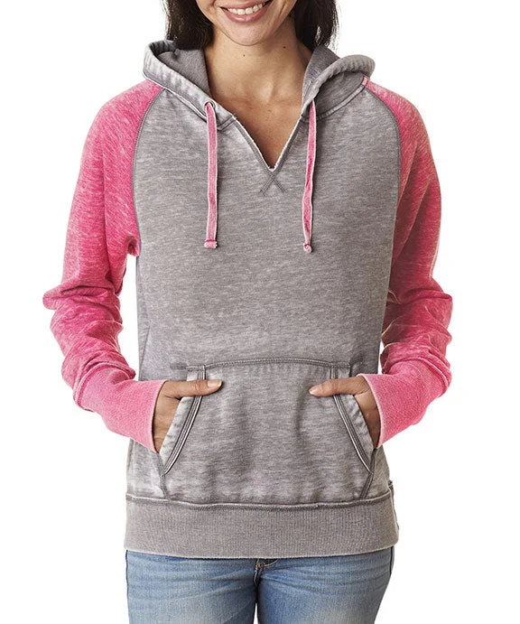 Women's tie - dye hoodie in bright colors for a retro and eye - catching styleJA8926 - J America Ladies Zen Contrast Pullover Hooded Sweatshirt | Cement/Wildberry Women's tie - dye hoodie in bright colors for a retro and eye - catching styleJA8926 - J America Ladies Zen Contrast Pullover Hooded Sweatshirt | Cement/Wildberry