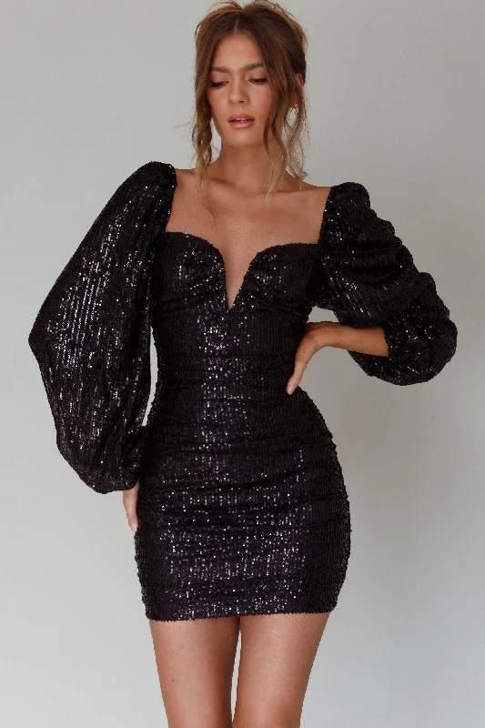 Ball Gown Women Dress with a Full Skirt for a Princess - like LookJayde Balloon Sleeve Sequin Mini Dress Black Ball Gown Women Dress with a Full Skirt for a Princess - like LookJayde Balloon Sleeve Sequin Mini Dress Black