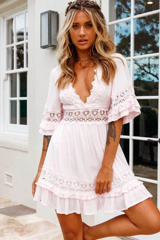 Ruffled Women Dress with Multiple Layers for a Playful and Girly StyleKauai V-Neckline Crochet Lace Trim Dress Pink Ruffled Women Dress with Multiple Layers for a Playful and Girly StyleKauai V-Neckline Crochet Lace Trim Dress Pink