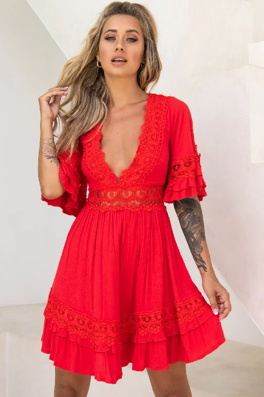 Pleated Women Dress with a Timeless and Elegant TextureKauai V-Neckline Crochet Lace Trim Dress Red Pleated Women Dress with a Timeless and Elegant TextureKauai V-Neckline Crochet Lace Trim Dress Red
