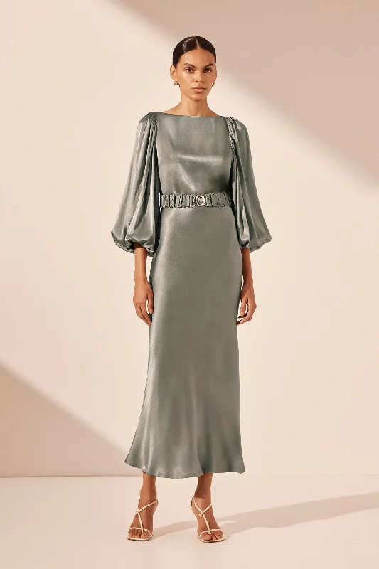 Off - the - Shoulder Women Dress for a Romantic and Feminine LookLA LUNE BALLOON SLEEVE MIDI DRESS WITH BELT - SAGE Off - the - Shoulder Women Dress for a Romantic and Feminine LookLA LUNE BALLOON SLEEVE MIDI DRESS WITH BELT - SAGE