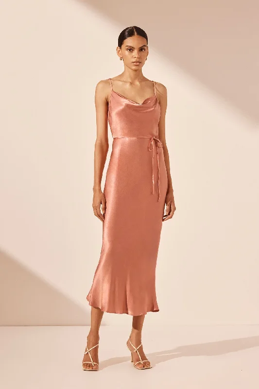 Pleated Women Dress with a Timeless and Elegant TextureLA LUNE BIAS COWL MIDI DRESS - ANTIQUE ROSE Pleated Women Dress with a Timeless and Elegant TextureLA LUNE BIAS COWL MIDI DRESS - ANTIQUE ROSE