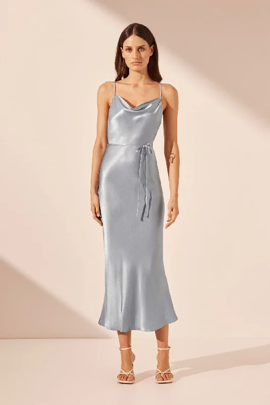Sleeveless Women Dress in Bright Colors for Summer PartiesLA LUNE BIAS COWL MIDI DRESS - POWDER BLUE Sleeveless Women Dress in Bright Colors for Summer PartiesLA LUNE BIAS COWL MIDI DRESS - POWDER BLUE