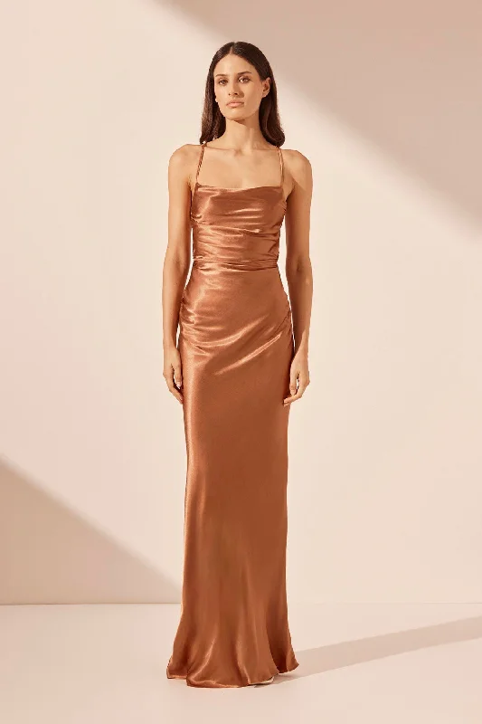 Mermaid - Style Women Dress with a Fitted Silhouette for Special OccasionsLA LUNE LACE BACK MAXI DRESS - ALMOND Mermaid - Style Women Dress with a Fitted Silhouette for Special OccasionsLA LUNE LACE BACK MAXI DRESS - ALMOND
