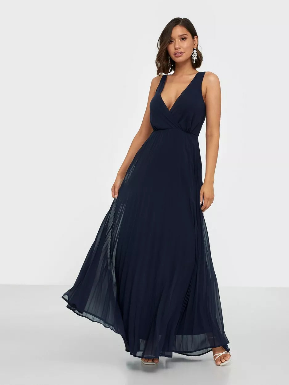 Wrap - Style Women Dress with Adjustable Fit for All Body TypesLace Straps Navy Pleated Maxi Dress Wrap - Style Women Dress with Adjustable Fit for All Body TypesLace Straps Navy Pleated Maxi Dress