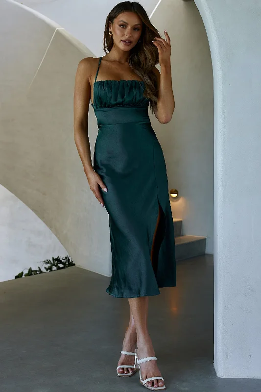 Wrap - Style Women Dress with Adjustable Fit for All Body TypesLakoda Gathered Bust Bow Tie Back Midi Dress Forest Green Wrap - Style Women Dress with Adjustable Fit for All Body TypesLakoda Gathered Bust Bow Tie Back Midi Dress Forest Green