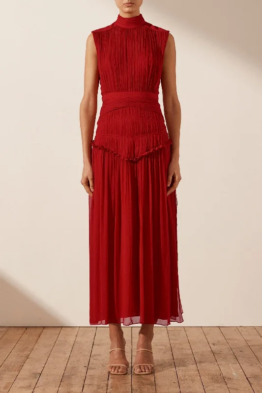 Sleeveless Women Dress in Bright Colors for Summer PartiesLÈONIE HIGH NECK MIDI DRESS - SCARLETT Sleeveless Women Dress in Bright Colors for Summer PartiesLÈONIE HIGH NECK MIDI DRESS - SCARLETT