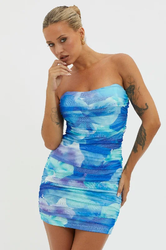 Ruffled Women Dress with Multiple Layers for a Playful and Girly StyleLogan Strapless Ruched Dress Floral Blue Ruffled Women Dress with Multiple Layers for a Playful and Girly StyleLogan Strapless Ruched Dress Floral Blue