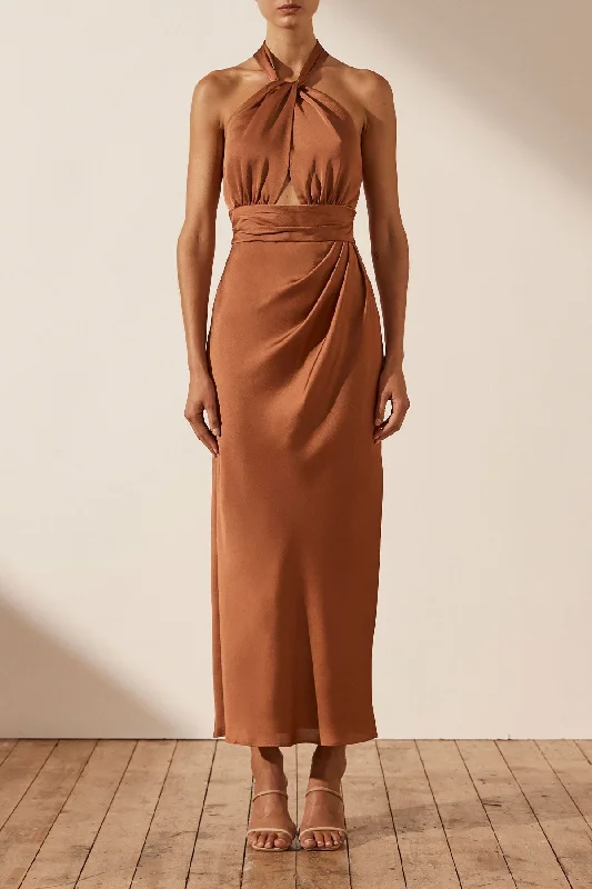 Little Black Women Dress with Sequins for a Glamorous Night OutLUXE GATHERED HALTER MIDI DRESS - MOCHA Little Black Women Dress with Sequins for a Glamorous Night OutLUXE GATHERED HALTER MIDI DRESS - MOCHA