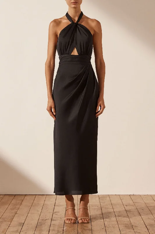Backless Women Dress for a Sexy and Alluring Look at Evening EventsLUXE GATHERED HALTER MIDI DRESS - ONYX Backless Women Dress for a Sexy and Alluring Look at Evening EventsLUXE GATHERED HALTER MIDI DRESS - ONYX