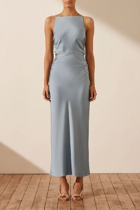 Shift Women Dress with a Simple and Classic Design for Everyday WearLUXE HIGH NECK RUCHED MIDI DRESS - AZURE Shift Women Dress with a Simple and Classic Design for Everyday WearLUXE HIGH NECK RUCHED MIDI DRESS - AZURE