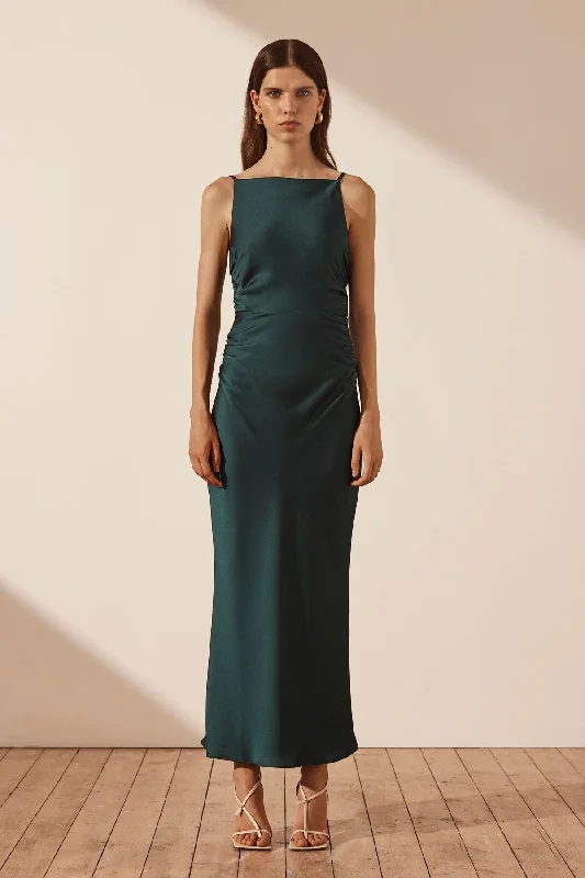 Halter Neck Women Dress to Show Off the Shoulders and NecklineLUXE HIGH NECK RUCHED MIDI DRESS - EMERALD Halter Neck Women Dress to Show Off the Shoulders and NecklineLUXE HIGH NECK RUCHED MIDI DRESS - EMERALD