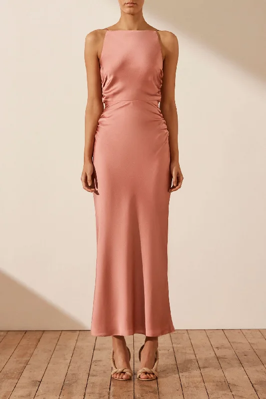 Printed Abstract Women Dress for a Modern and Artistic AppealLUXE HIGH NECK RUCHED MIDI DRESS - ROSE Printed Abstract Women Dress for a Modern and Artistic AppealLUXE HIGH NECK RUCHED MIDI DRESS - ROSE