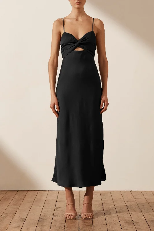 Printed Abstract Women Dress for a Modern and Artistic AppealLUXE TWIST FRONT SLEEVELESS MIDI DRESS - ONYX Printed Abstract Women Dress for a Modern and Artistic AppealLUXE TWIST FRONT SLEEVELESS MIDI DRESS - ONYX