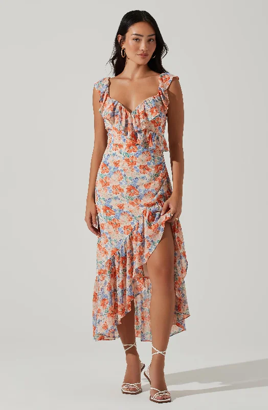 Shift Women Dress with a Simple and Classic Design for Everyday WearMahalia Floral Sweetheart Ruffle Midi Dress Shift Women Dress with a Simple and Classic Design for Everyday WearMahalia Floral Sweetheart Ruffle Midi Dress