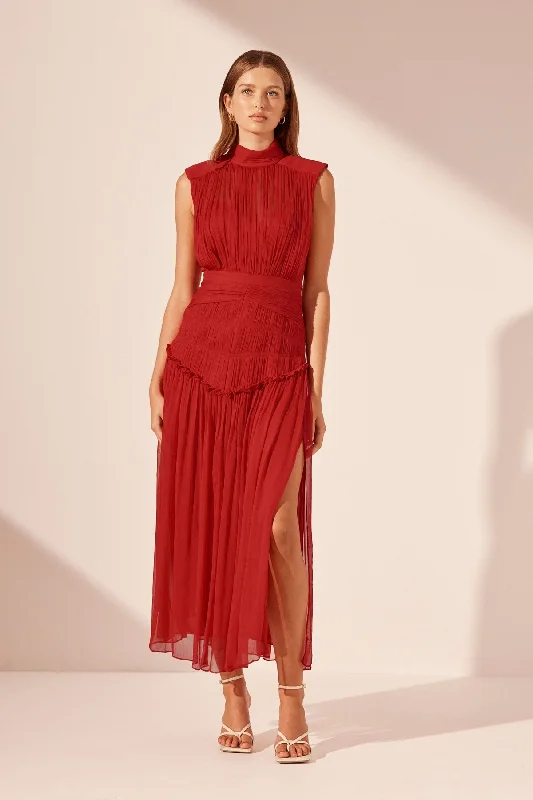 Strapless Women Dress with a Built - in Bra for Comfort and SupportMARQUIS HIGH NECK MIDI DRESS - ROMA RED Strapless Women Dress with a Built - in Bra for Comfort and SupportMARQUIS HIGH NECK MIDI DRESS - ROMA RED