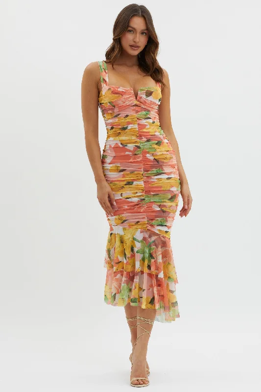 Maxi Women Dress with Floral Print for a Bohemian VibeNadia Ruched Fishtail Midi Dress Floral Orange Maxi Women Dress with Floral Print for a Bohemian VibeNadia Ruched Fishtail Midi Dress Floral Orange
