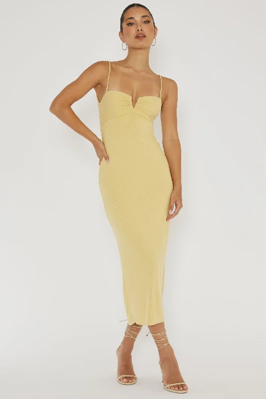 Plus Size Women Dress with a Flattering A - Line Cut for Comfort and StyleNamrata Twist Back Ribbed Midi Dress Lemon Plus Size Women Dress with a Flattering A - Line Cut for Comfort and StyleNamrata Twist Back Ribbed Midi Dress Lemon