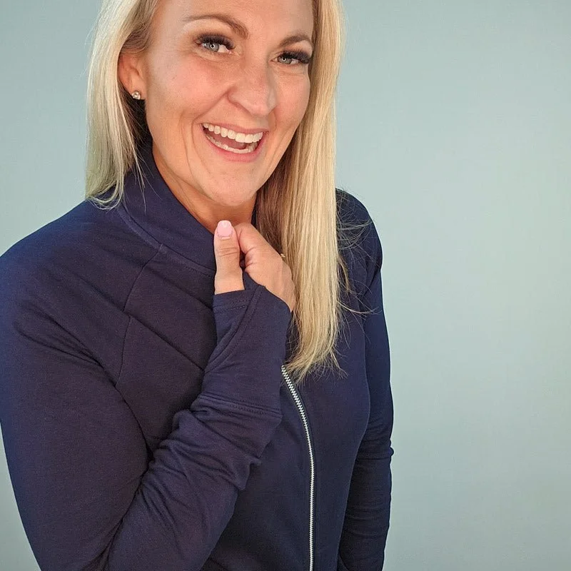 Women's hoodie with a detachable hood for customizable stylingNavy Solid No Hood Zip Up Women's hoodie with a detachable hood for customizable stylingNavy Solid No Hood Zip Up