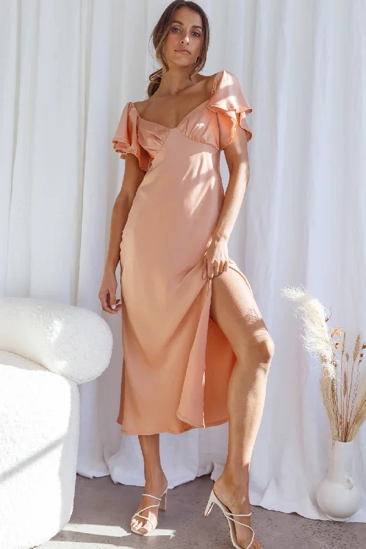 Ruffled Women Dress with Multiple Layers for a Playful and Girly StylePark Avenue Flutter Sleeve Side Split Midi Dress Apricot Ruffled Women Dress with Multiple Layers for a Playful and Girly StylePark Avenue Flutter Sleeve Side Split Midi Dress Apricot