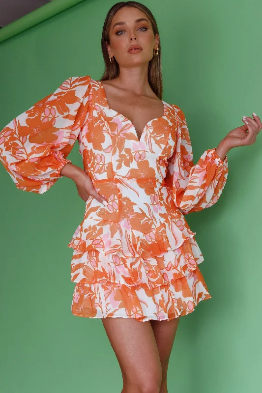 Mini Women Dress with a Short Hem for a Young and Trendy StyleRomance Novel Long Sleeve Tied Back Floral Dress Orange Mini Women Dress with a Short Hem for a Young and Trendy StyleRomance Novel Long Sleeve Tied Back Floral Dress Orange