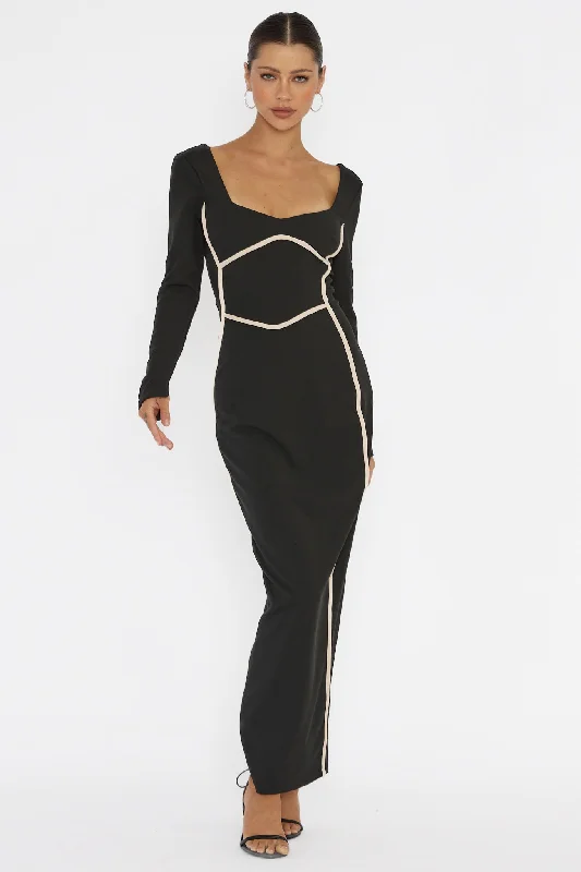 Halter Neck Women Dress to Show Off the Shoulders and NecklineShenae Long Sleeve Piping Midi Dress Black Halter Neck Women Dress to Show Off the Shoulders and NecklineShenae Long Sleeve Piping Midi Dress Black