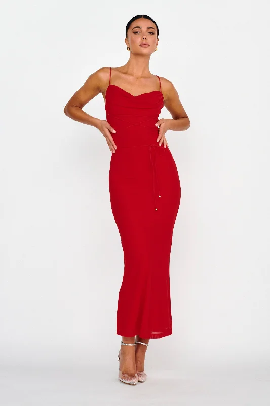 Plus Size Women Dress with a Flattering A - Line Cut for Comfort and StyleTeava Laced Waist Maxi Dress Red Plus Size Women Dress with a Flattering A - Line Cut for Comfort and StyleTeava Laced Waist Maxi Dress Red