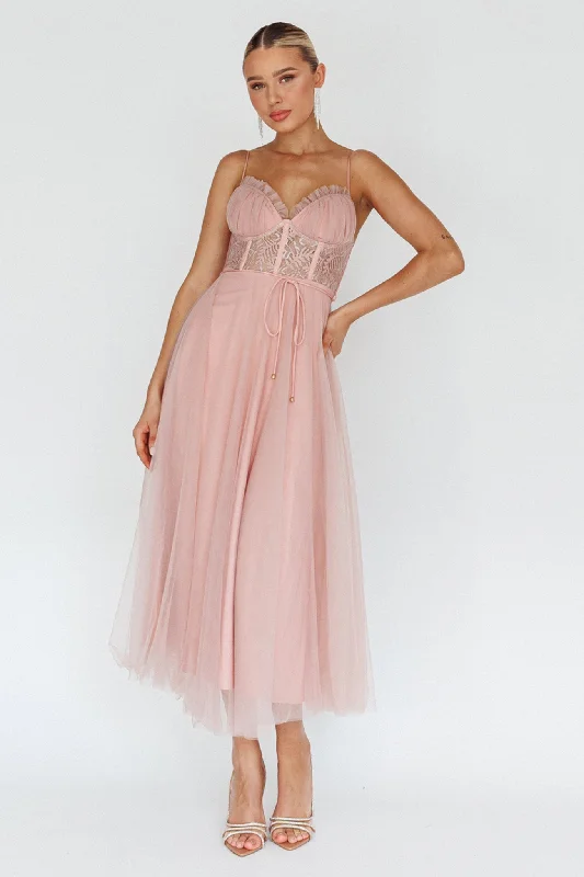 Mermaid - Style Women Dress with a Fitted Silhouette for Special OccasionsTrophy Lace Bodice Mesh Midi Dress Blush Mermaid - Style Women Dress with a Fitted Silhouette for Special OccasionsTrophy Lace Bodice Mesh Midi Dress Blush