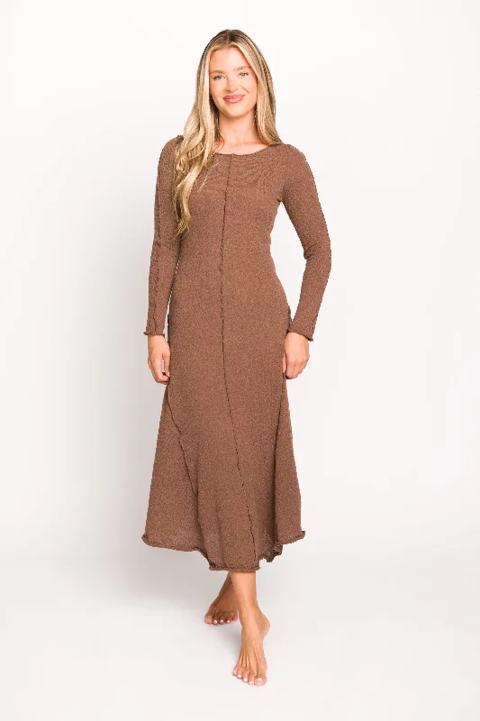 Plus Size Women Dress with a Flattering A - Line Cut for Comfort and StyleSelena Exposed Seam Midi Dress with Long Sleeves in Espresso (Lined) Plus Size Women Dress with a Flattering A - Line Cut for Comfort and StyleSelena Exposed Seam Midi Dress with Long Sleeves in Espresso (Lined)