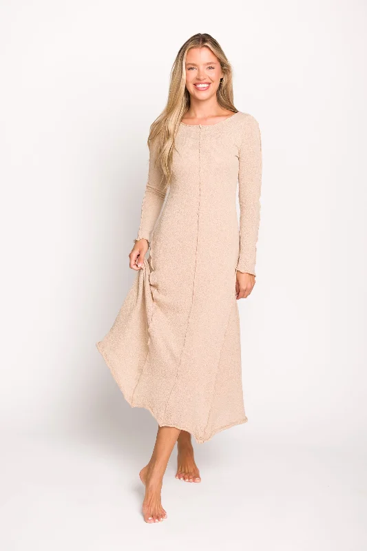 Lace - Embellished Women Dress for an Elegant and Sophisticated AppearanceSelena Exposed Seam Midi Dress with Long Sleeves in Oatmeal (Lined) Lace - Embellished Women Dress for an Elegant and Sophisticated AppearanceSelena Exposed Seam Midi Dress with Long Sleeves in Oatmeal (Lined)