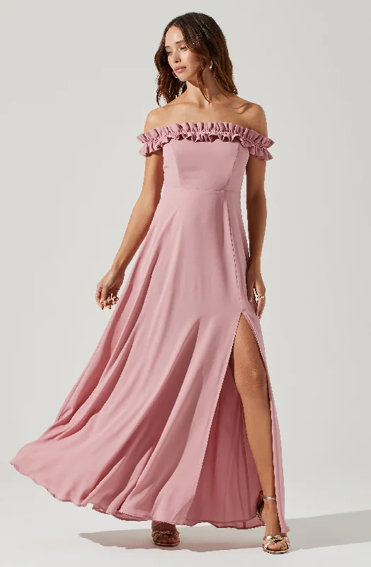 Mermaid - Style Women Dress with a Fitted Silhouette for Special OccasionsVenetia Off Shoulder Ruffle Trim Maxi Dress Mermaid - Style Women Dress with a Fitted Silhouette for Special OccasionsVenetia Off Shoulder Ruffle Trim Maxi Dress