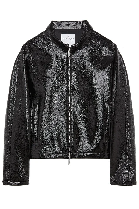 Women's denim jackets with a patchwork design for a bohemian and artsy styleVinyl Zipped Bomber Women's denim jackets with a patchwork design for a bohemian and artsy styleVinyl Zipped Bomber