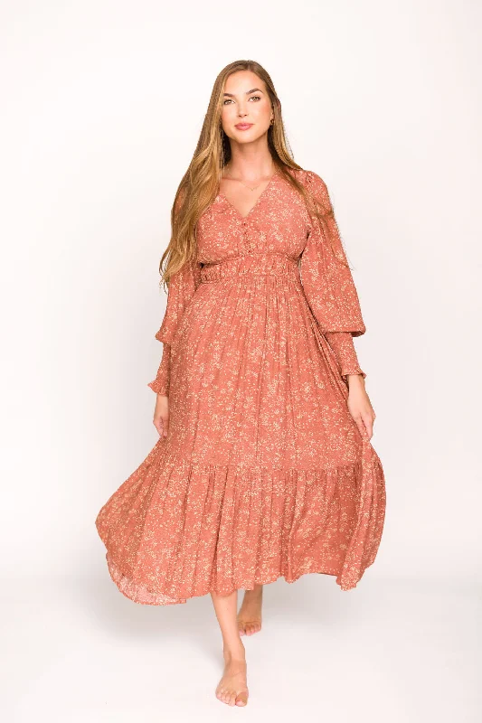 Ruffled Women Dress with Multiple Layers for a Playful and Girly StyleFlorence Floral Button Down Long Sleeve Maxi Dress in Rosewood Ruffled Women Dress with Multiple Layers for a Playful and Girly StyleFlorence Floral Button Down Long Sleeve Maxi Dress in Rosewood