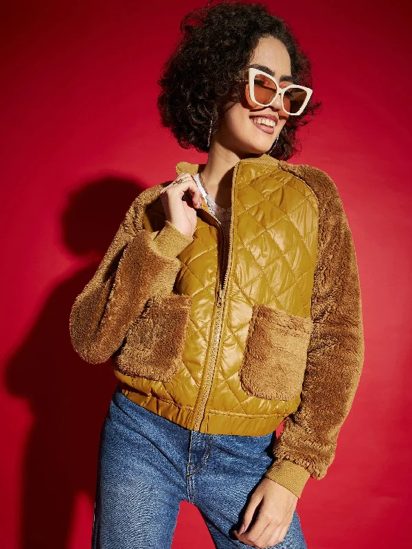 Women's cropped satin jackets in pastel shades for a glamorous evening outWomen Mustard Faux Fur Detail Bomber Jacket Women's cropped satin jackets in pastel shades for a glamorous evening outWomen Mustard Faux Fur Detail Bomber Jacket