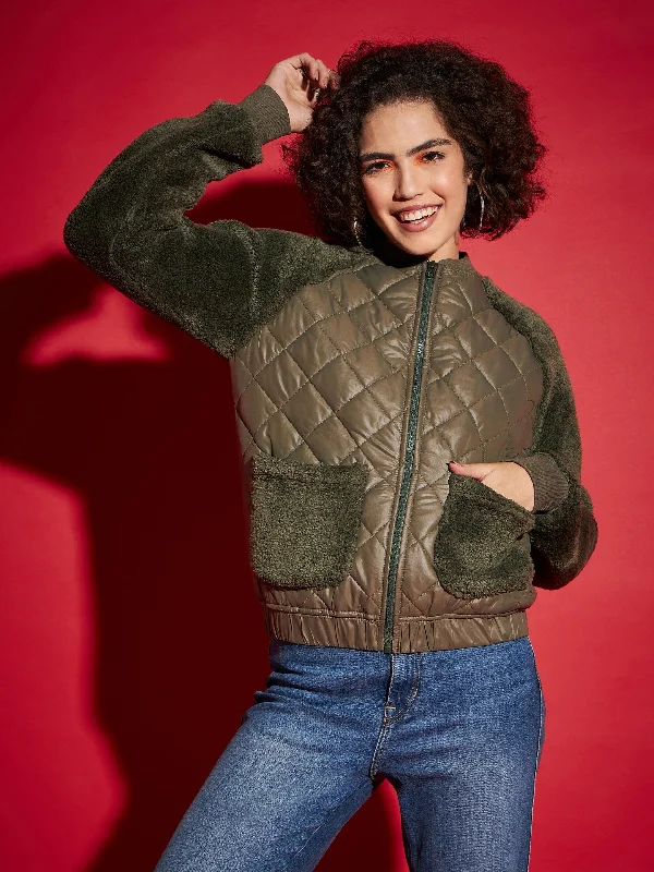 Women's cropped satin jackets in pastel shades for a glamorous evening outWomen Olive Faux Fur Detail Bomber Jacket Women's cropped satin jackets in pastel shades for a glamorous evening outWomen Olive Faux Fur Detail Bomber Jacket
