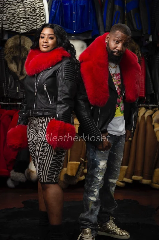 Women's cropped down jackets in bold colors for a sporty and fashionable winter outfitWomen's Trey Biker Full Fox Fur [Red Fur]