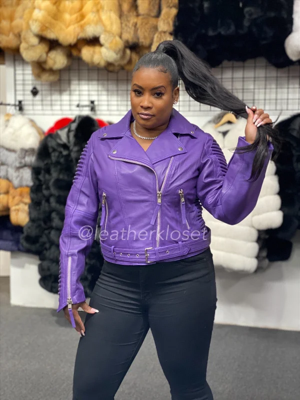 Women's faux fur - trimmed denim jackets for a trendy and cozy styleWomen's Trey Biker [Purple]