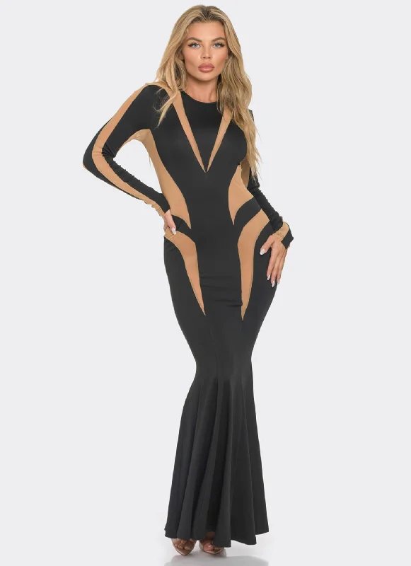 Maxi dresses with embroidered floral motifs for a unique designMesh Color Block Long Sleeve Maxi Dress Maxi dresses with embroidered floral motifs for a unique designMesh Color Block Long Sleeve Maxi Dress