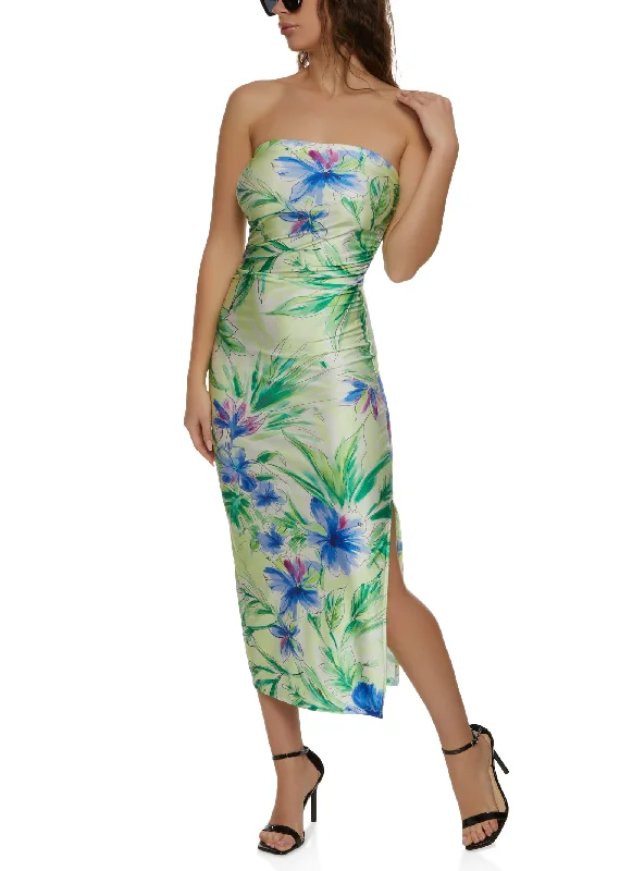 Floral print maxi dresses for summer garden partiesHaute Monde Floral Split Hem Strapless Maxi Dress